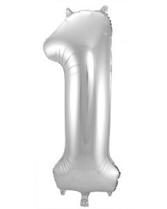 Folieballon Zilver Cijfer 1 - 86 cm
